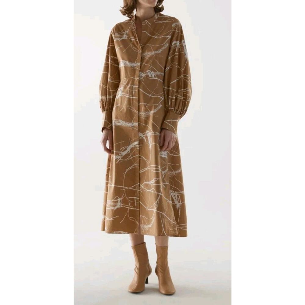 COS Brown White Printed Long Sleeve Button Up Midi Dress Size 38 Quiet Luxury